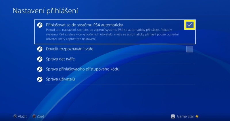 PS4 automatické přihlášení 3