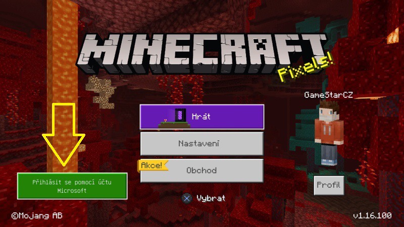 Minecraft na PS4 - přihlášení pomocí účtu Microsoft