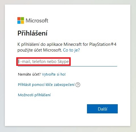 Minecraft na PS4 - přihlášení pomocí účtu Microsoft 4