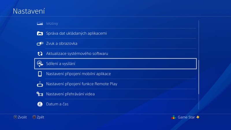 PS4 nastavení sdílení a vysílání