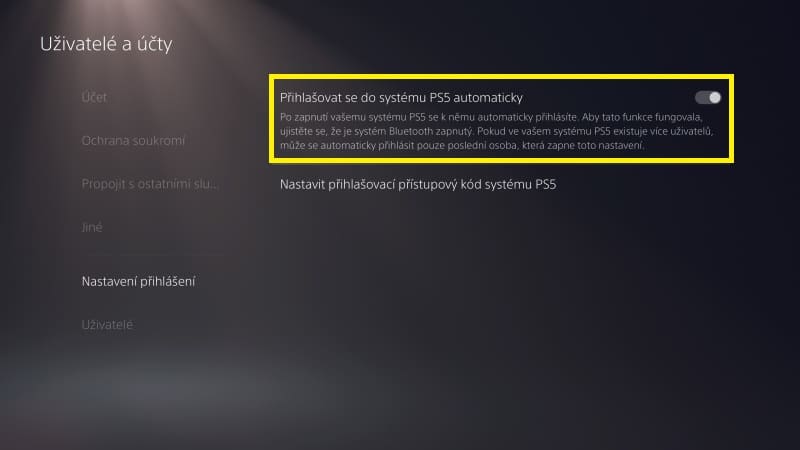 Přihlašovat do systému PS5 automaticky