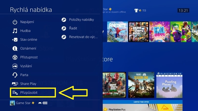 Jak přizpůsobit položky rychlé nabídky na PS4